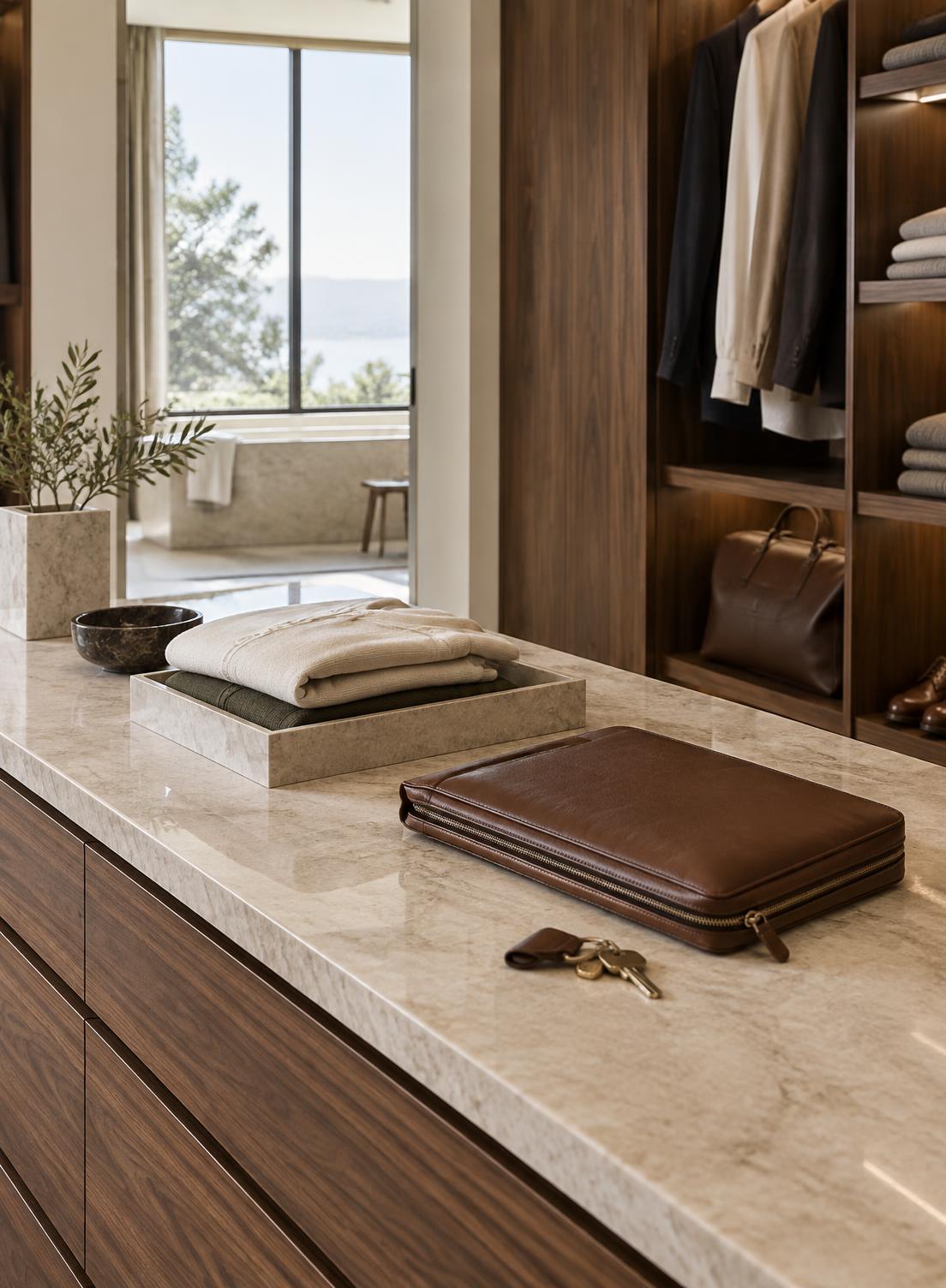 Organized dressing room with linen and a leather travel folio